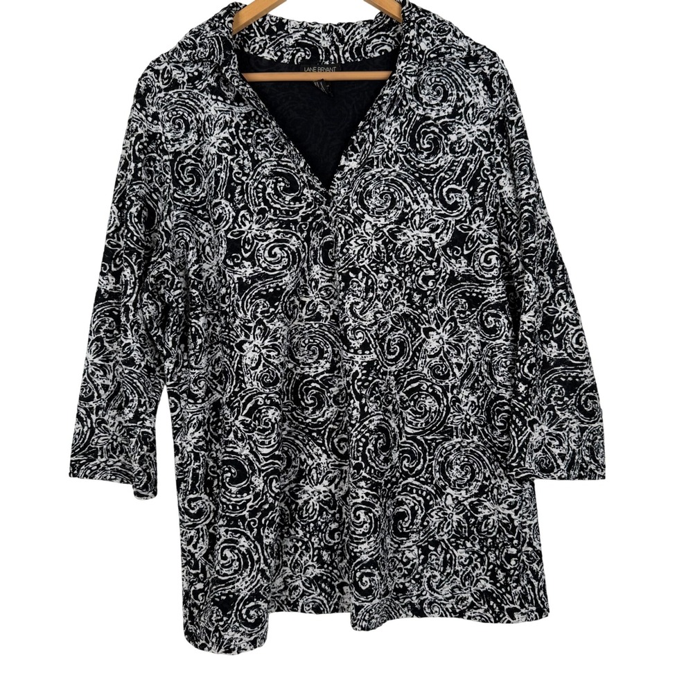 Lane Bryant Tunic Top Women 18/20 Black White Paisley 3/4 Sleeve V-Neck‎ Stretch